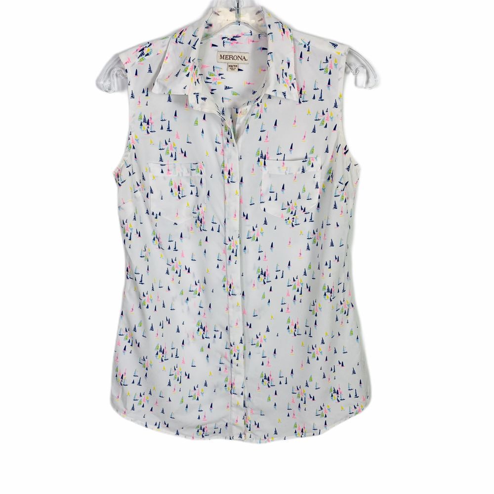 Merona Womens Blouse Top Size XS Sleevess Sailboats Collar